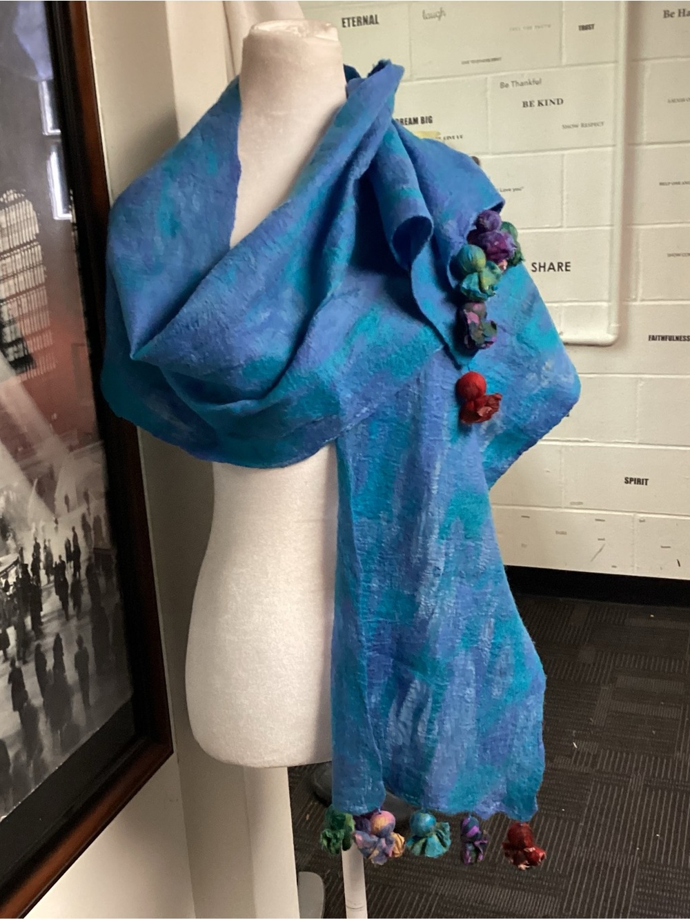 Blue Turquoise Felted Wool Scarf with Floral Accents